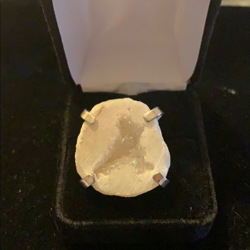 New White Druzy Agate Geode Ring with Silver band